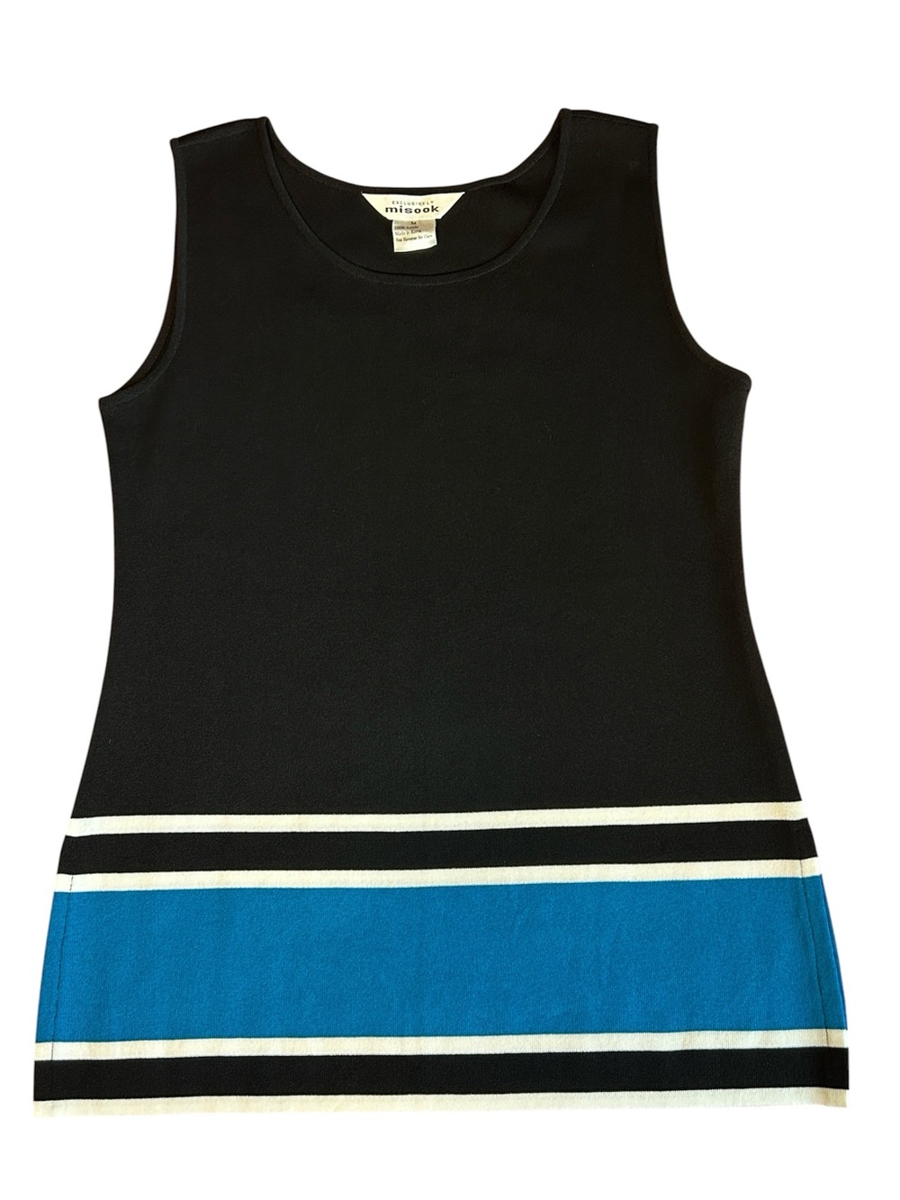 Exclusively Misook Black Sleeveless Tank with Blue & White Hem Stripes size M